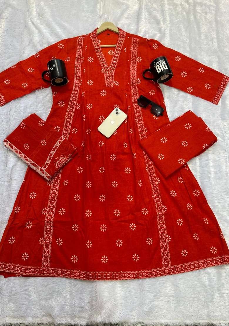 Orange Printed Cotton Kurta Set - Indya