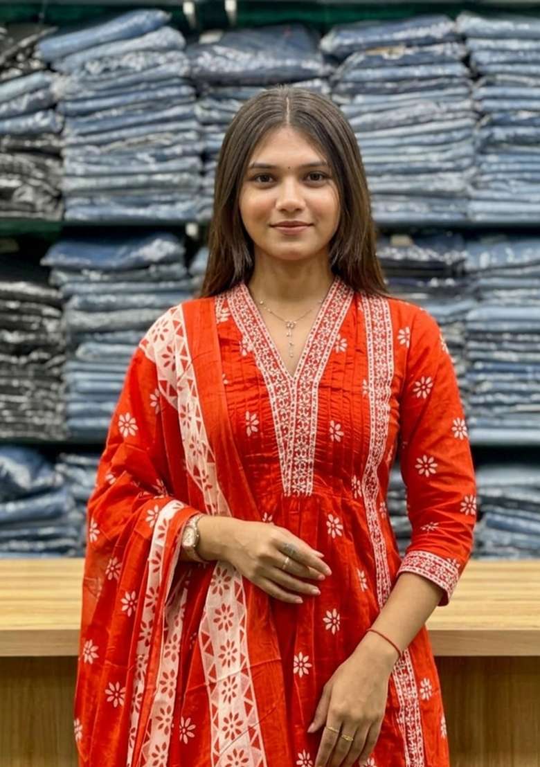 Orange Printed Cotton Kurta Set - Indya