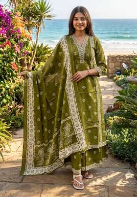 Green Printed Cotton Kurta Set