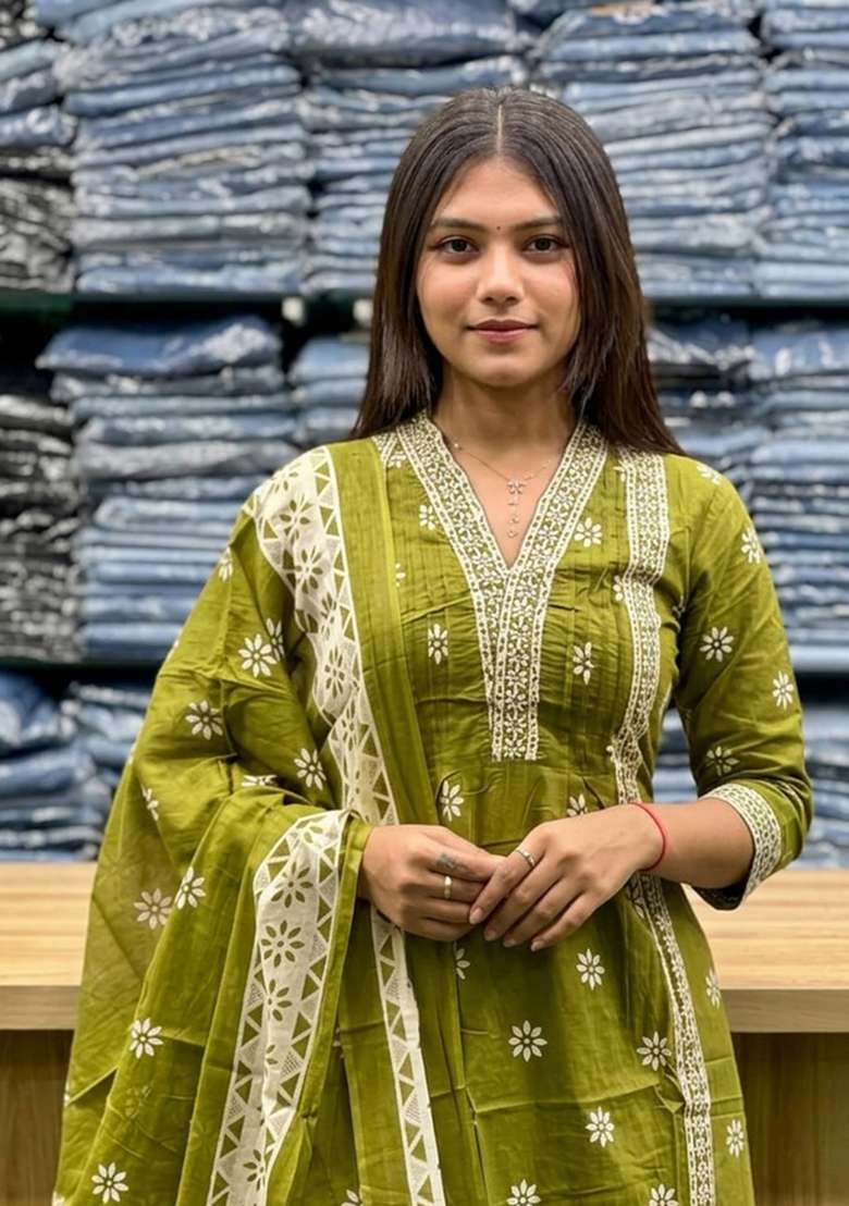 Green Printed Cotton Kurta Set - Indya
