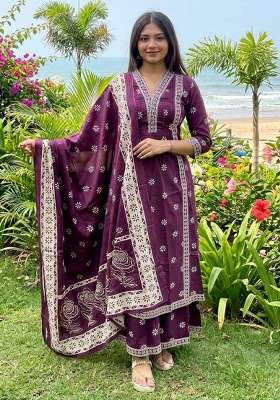 Purple Printed Cotton Kurta Set