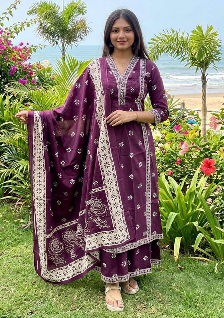 Purple Printed Cotton Kurta Set - Indya