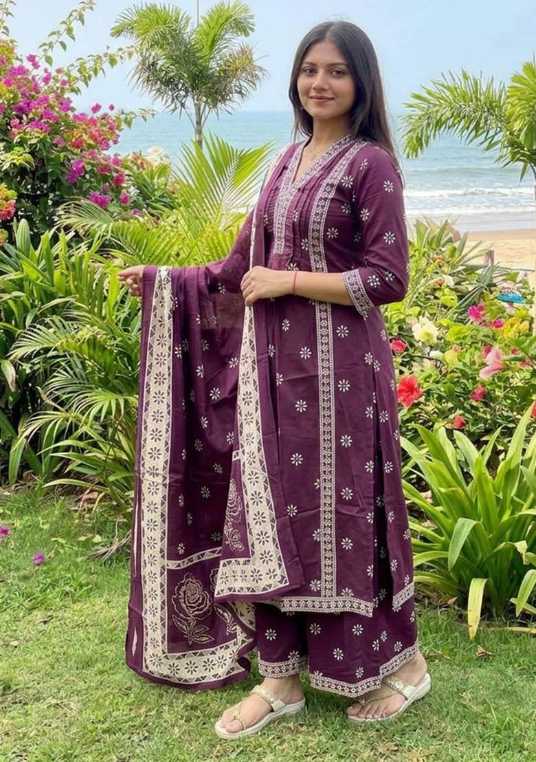 Purple Printed Cotton Kurta Set - Indya