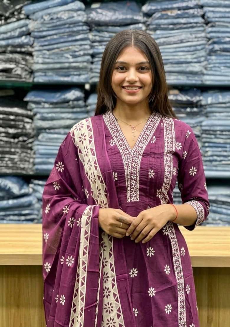 Purple Printed Cotton Kurta Set - Indya