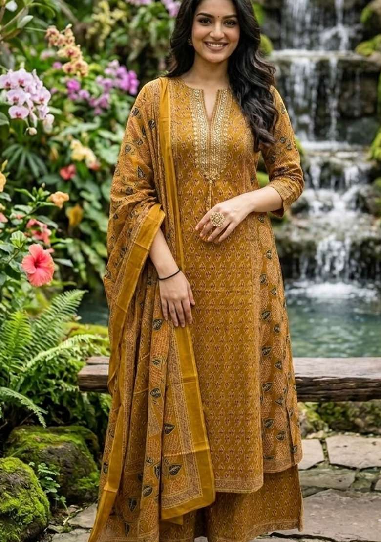 Yellow Printed Cotton Kurta Set - Indya