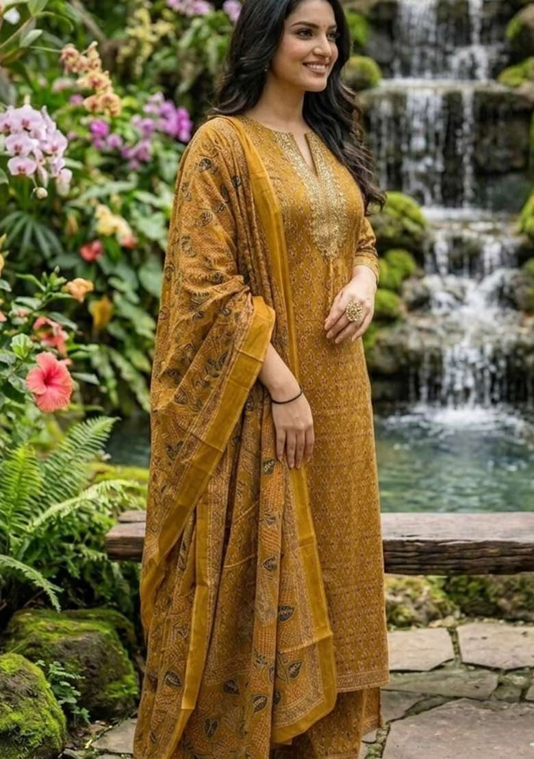 Yellow Printed Cotton Kurta Set - Indya