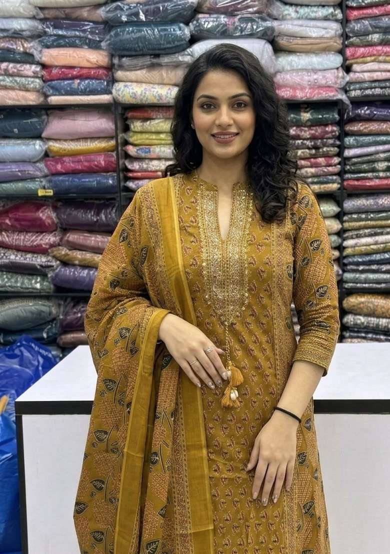 Yellow Printed Cotton Kurta Set - Indya