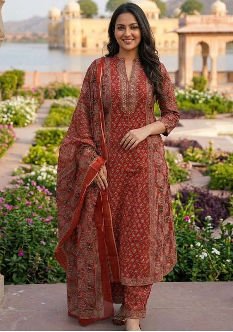 Red Printed Cotton Kurta Set - Indya