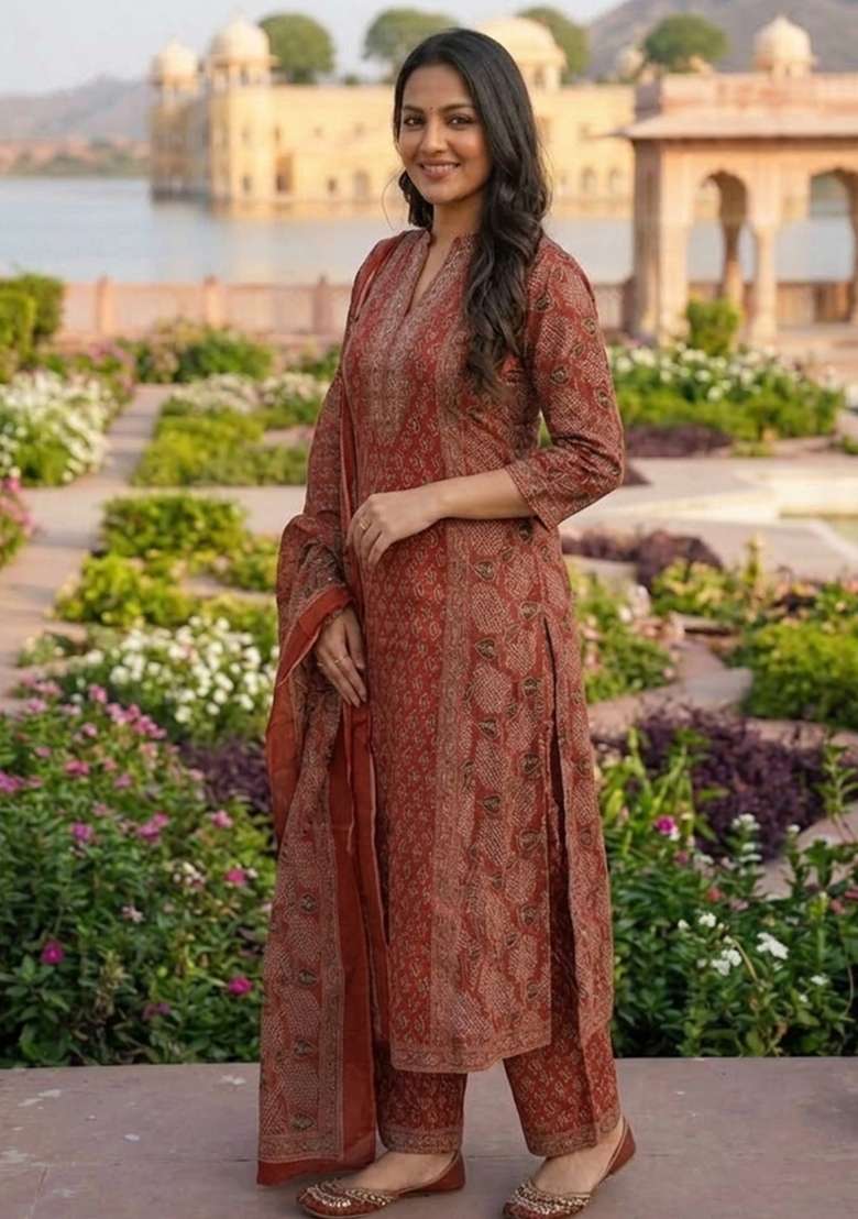 Red Printed Cotton Kurta Set - Indya