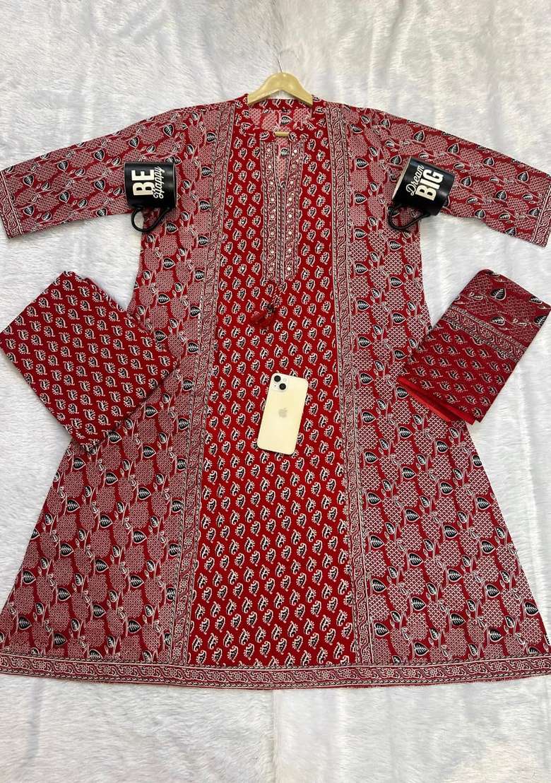Red Printed Cotton Kurta Set - Indya