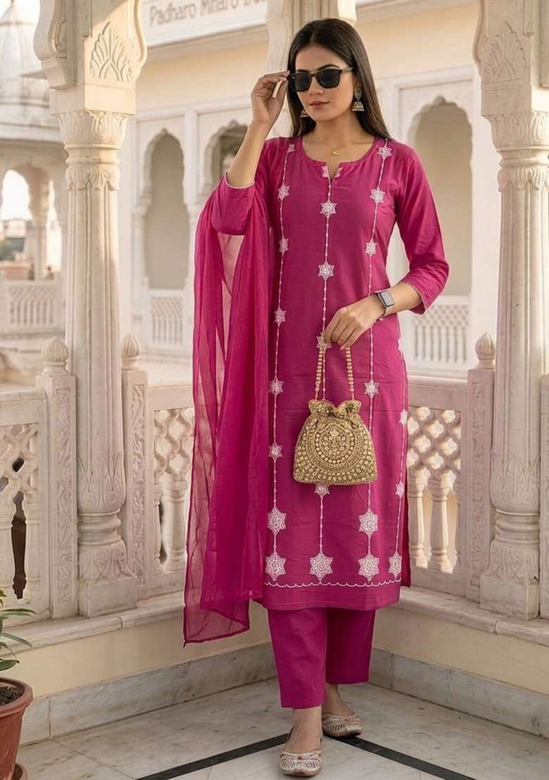 Pink Embroidered Cotton Kurta Set - Indya