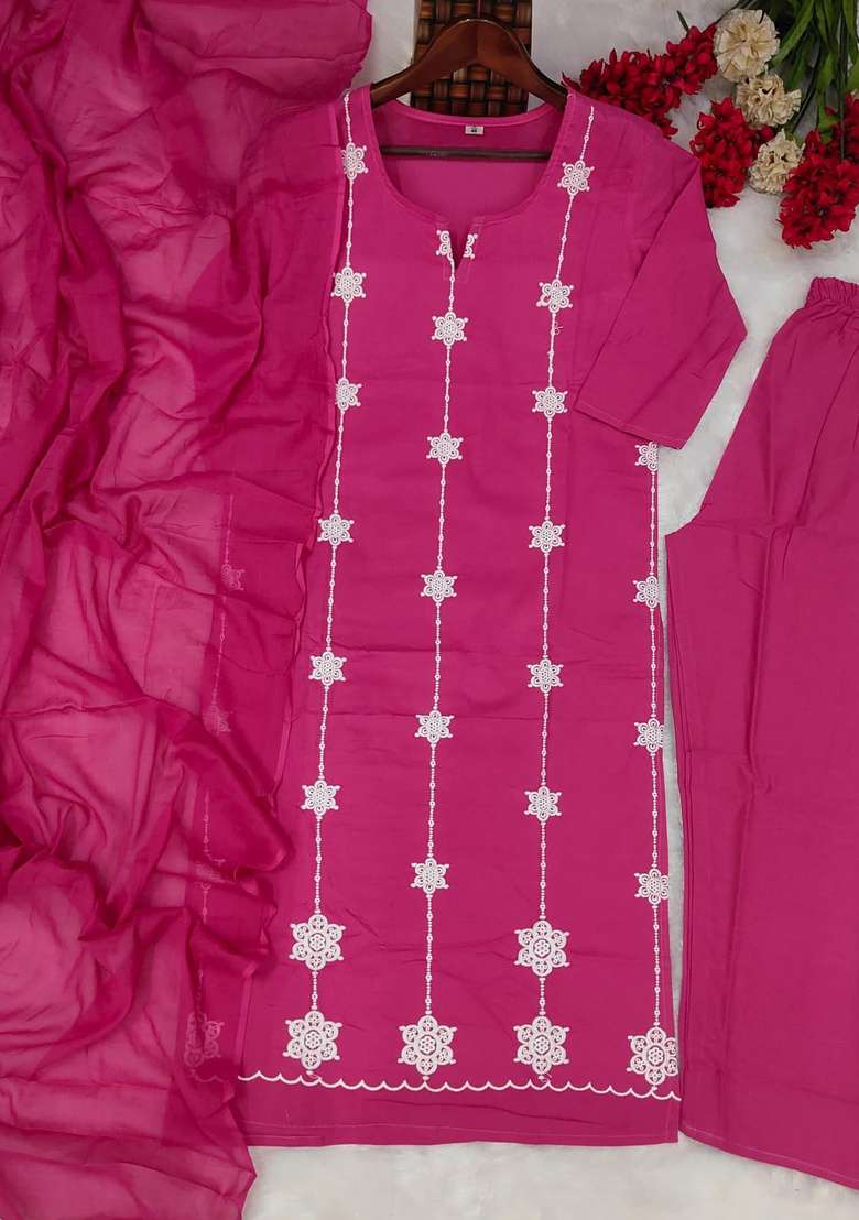 Pink Embroidered Cotton Kurta Set - Indya