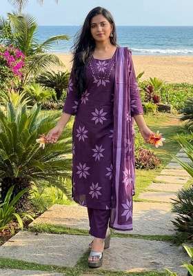 Purple Printed Cotton Kurta Set