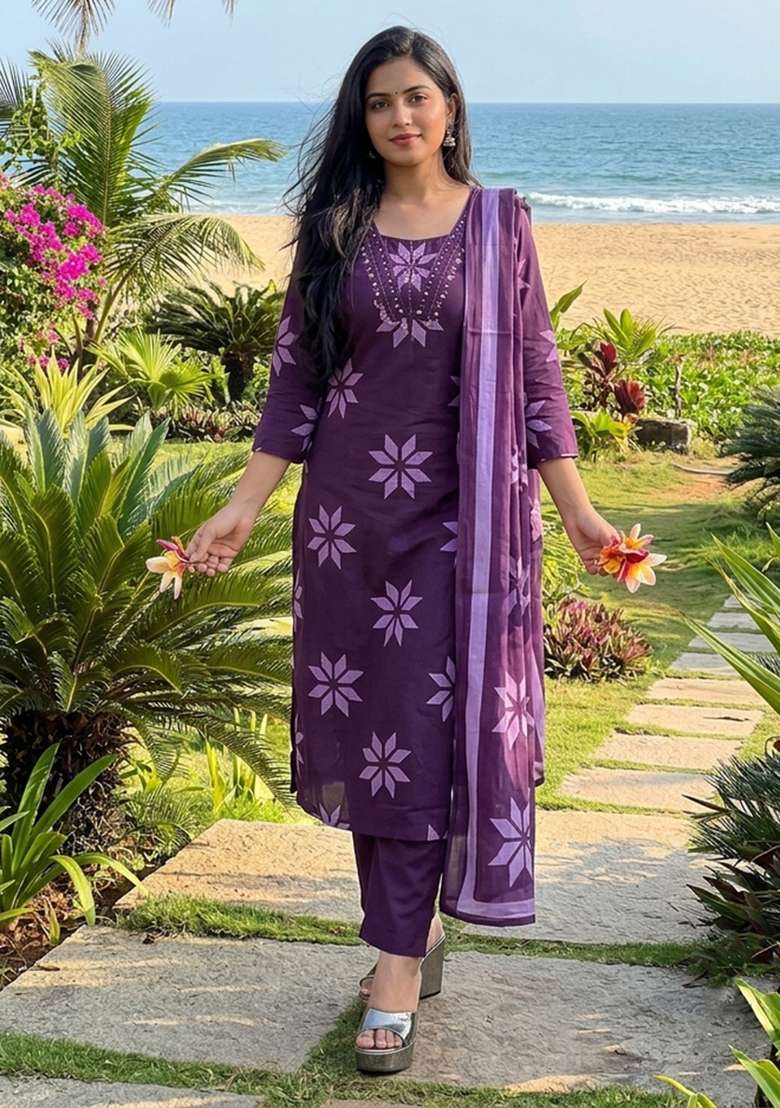 Purple Printed Cotton Kurta Set - Indya