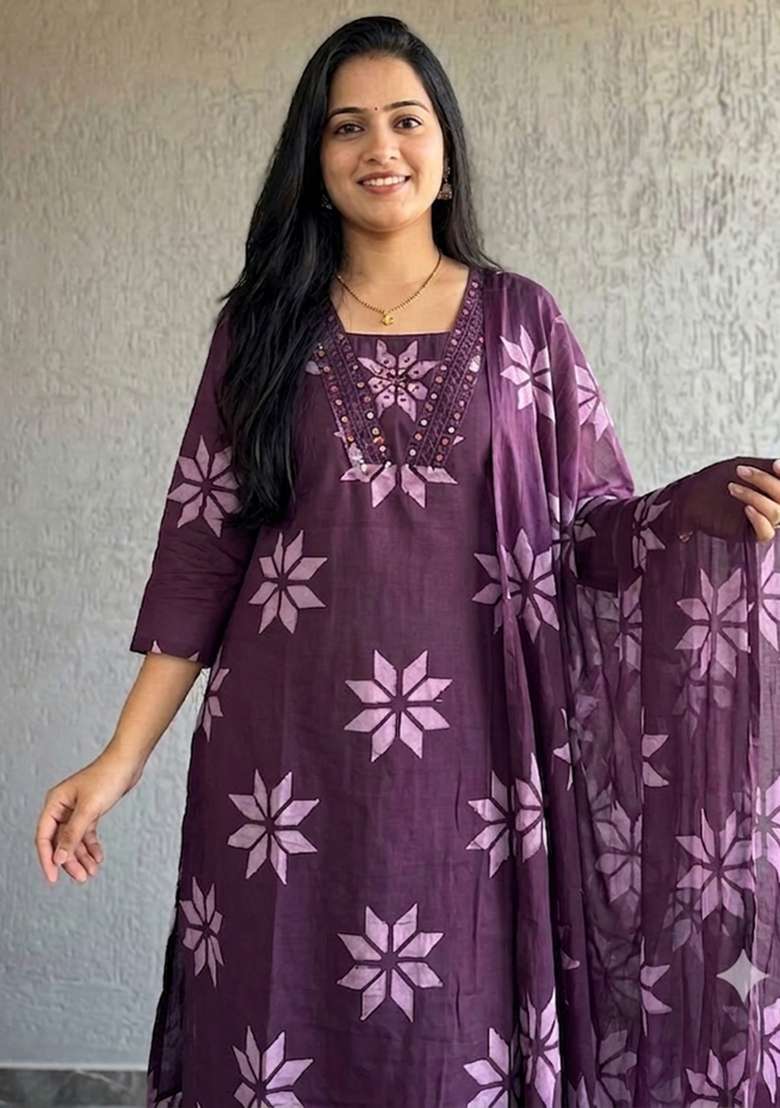 Purple Printed Cotton Kurta Set - Indya