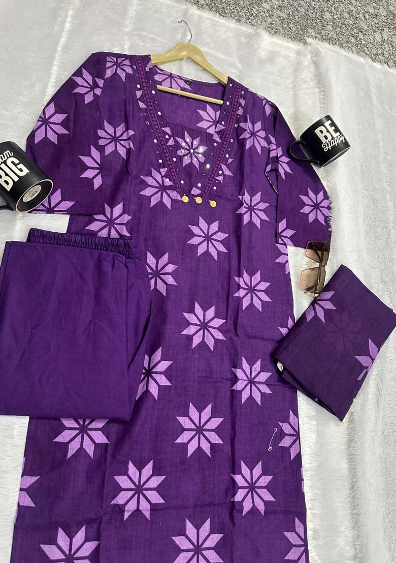 Purple Printed Cotton Kurta Set - Indya