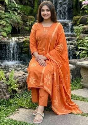 Orange Printed Cotton Kurta Set
