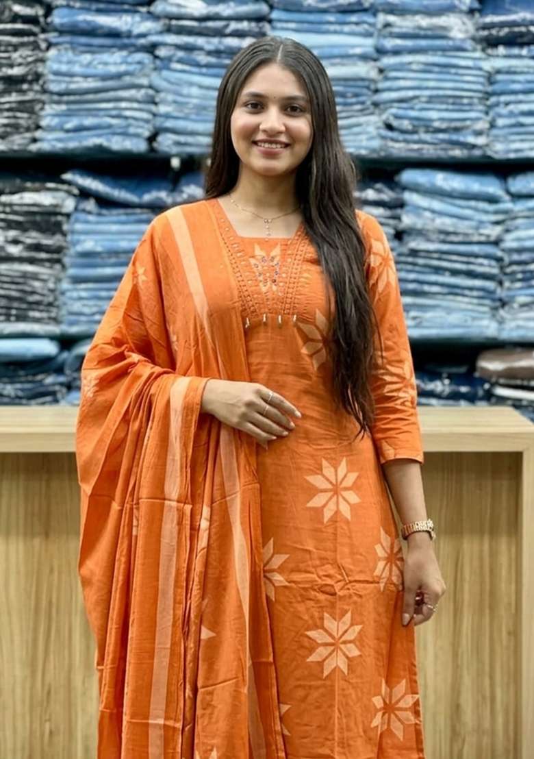 Orange Printed Cotton Kurta Set - Indya
