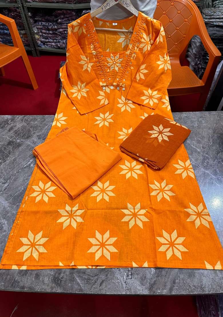 Orange Printed Cotton Kurta Set - Indya
