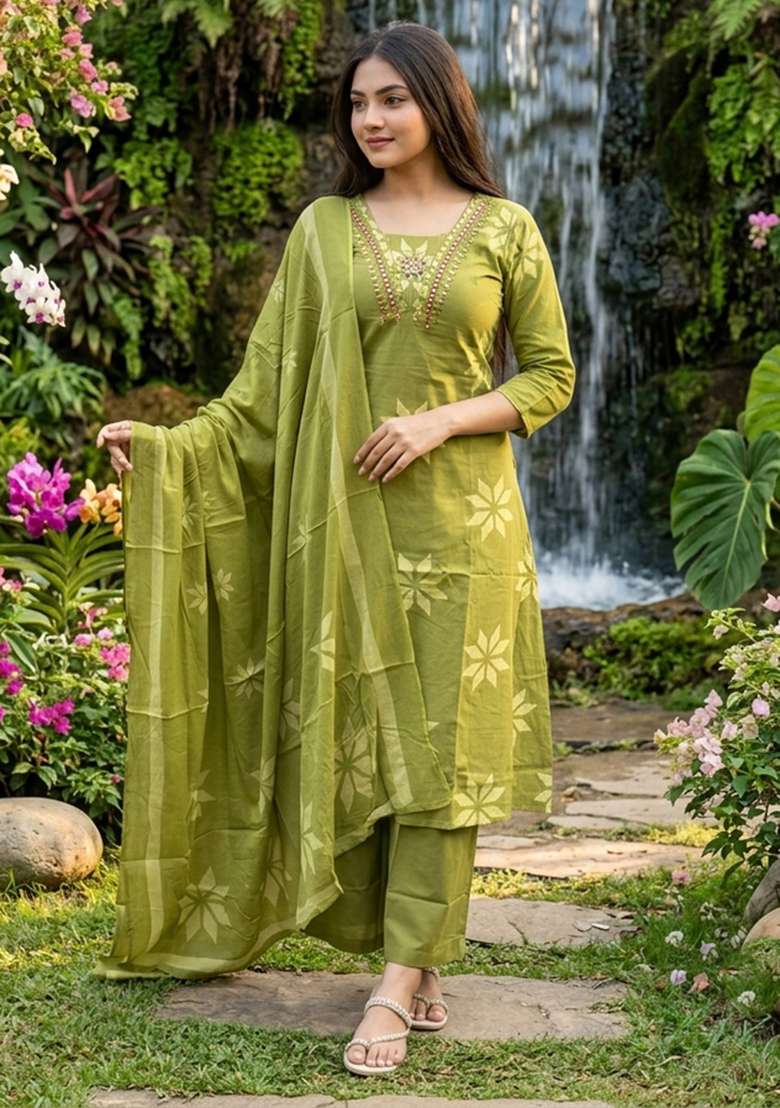Green Printed Cotton Kurta Set - Indya