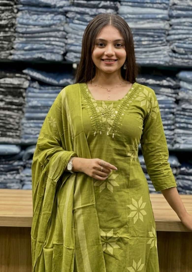 Green Printed Cotton Kurta Set - Indya