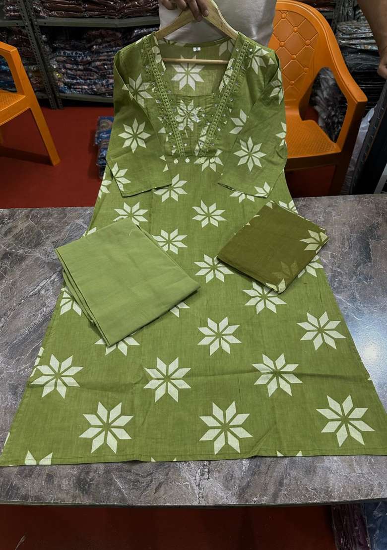 Green Printed Cotton Kurta Set - Indya