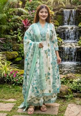 Green Printed Cotton Kurta Set