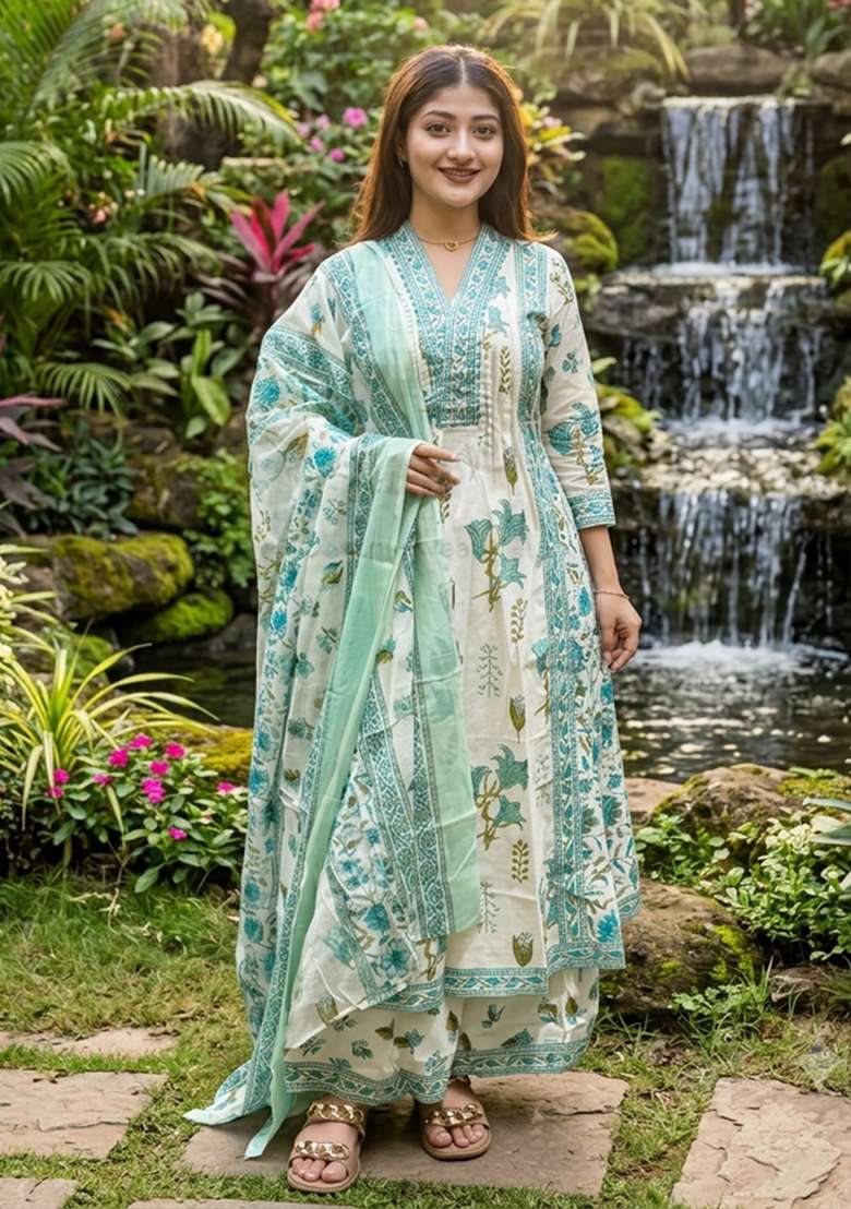 Green Printed Cotton Kurta Set - Indya