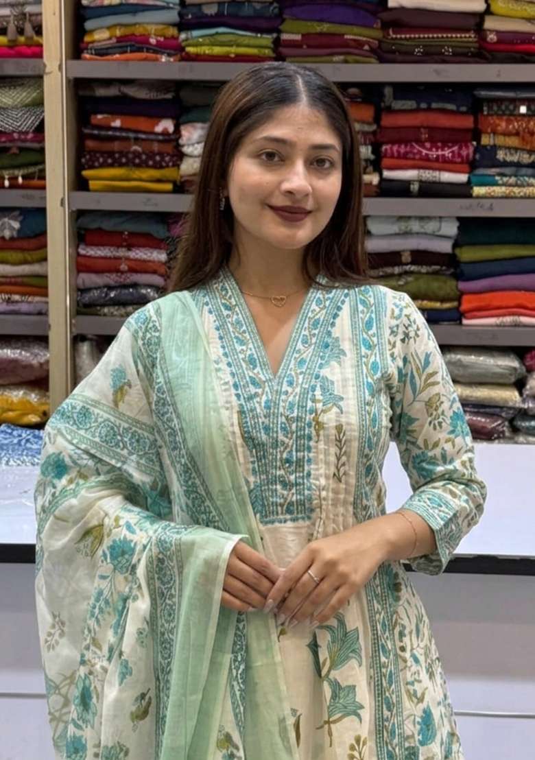Green Printed Cotton Kurta Set - Indya