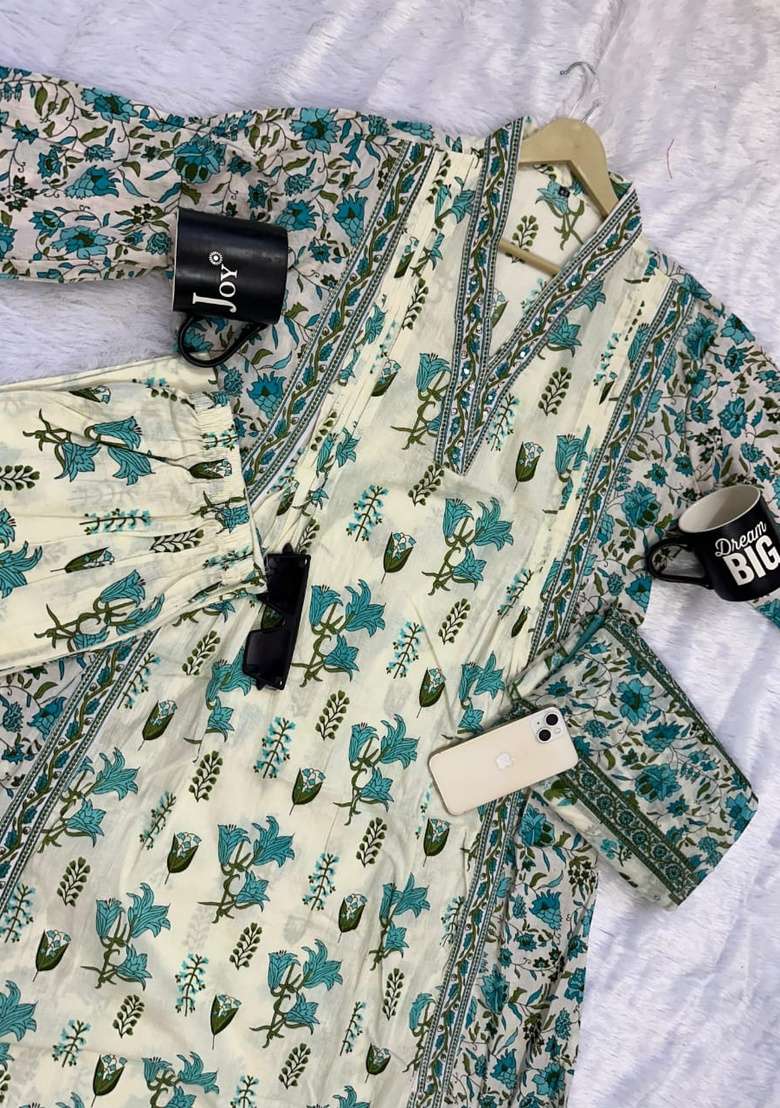 Green Printed Cotton Kurta Set - Indya