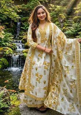 Yellow Printed Cotton Kurta Set