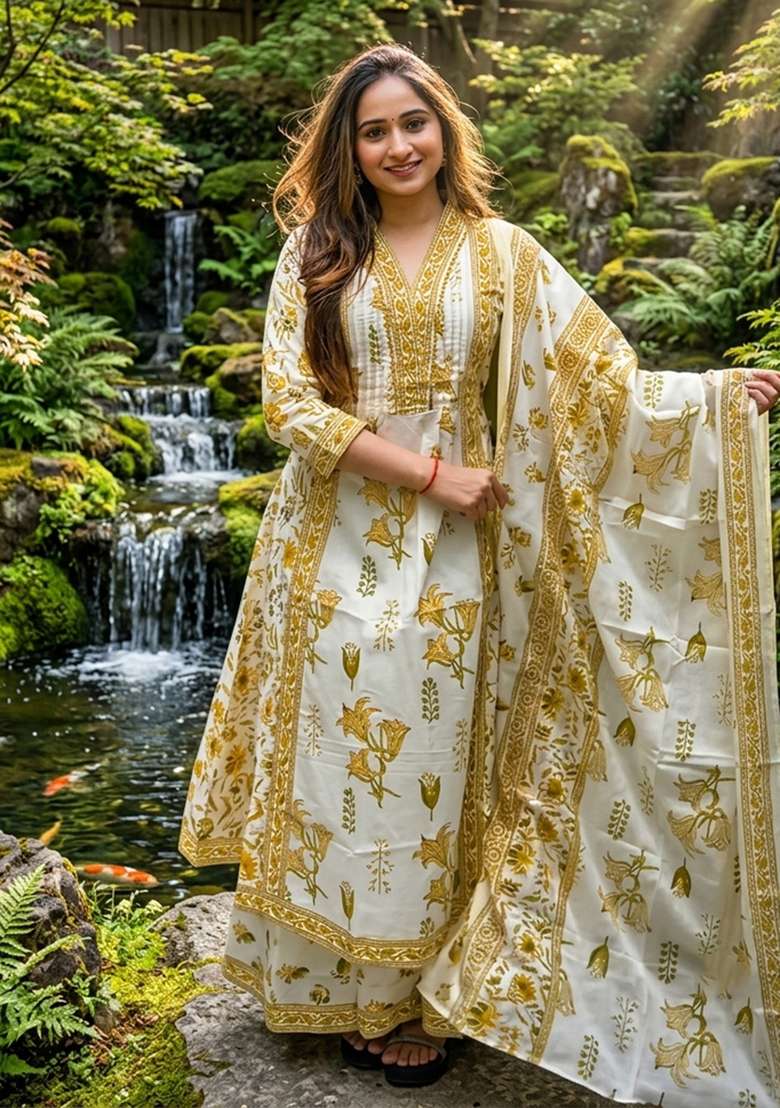 Yellow Printed Cotton Kurta Set - Indya