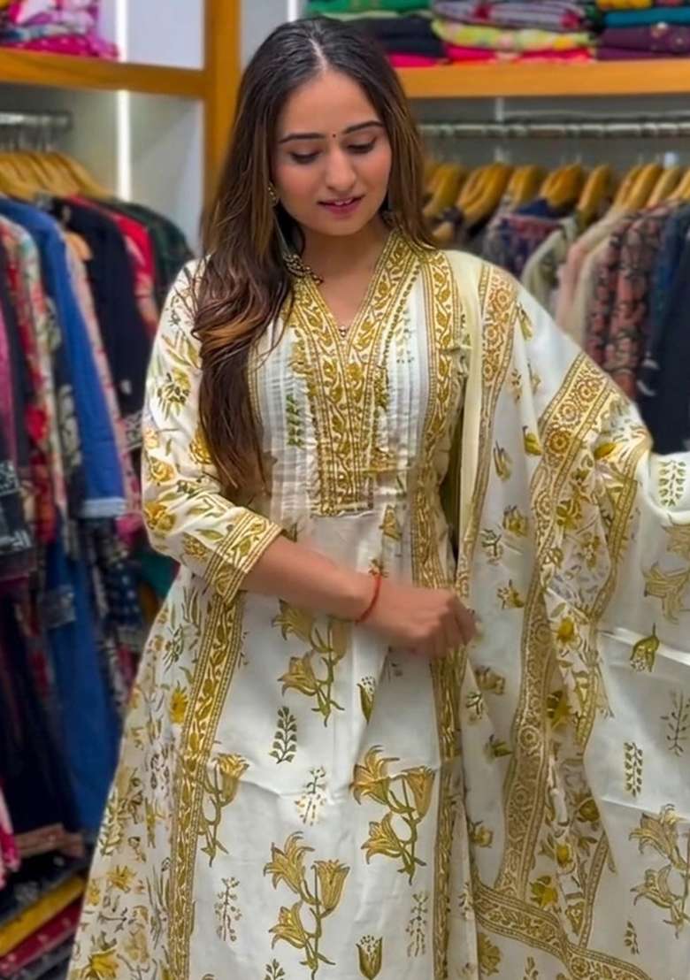 Yellow Printed Cotton Kurta Set - Indya