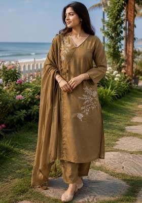 Brown Embroidered Cotton Kurta Set