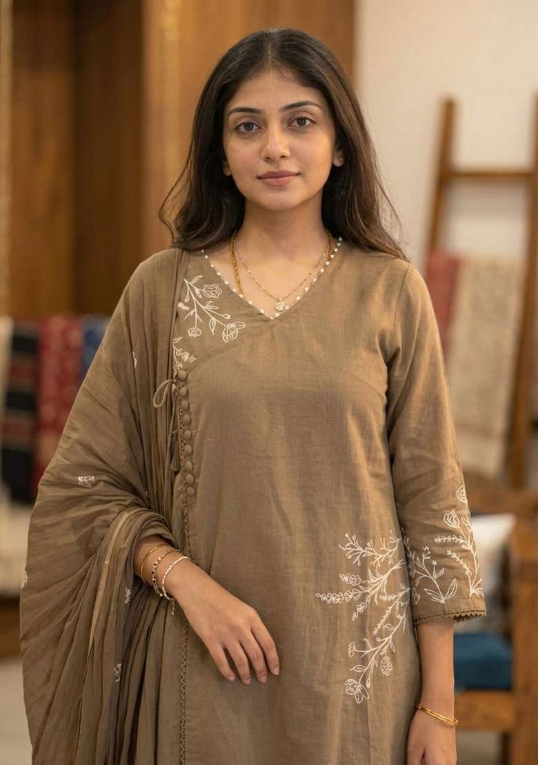 Brown Embroidered Cotton Kurta Set - Indya