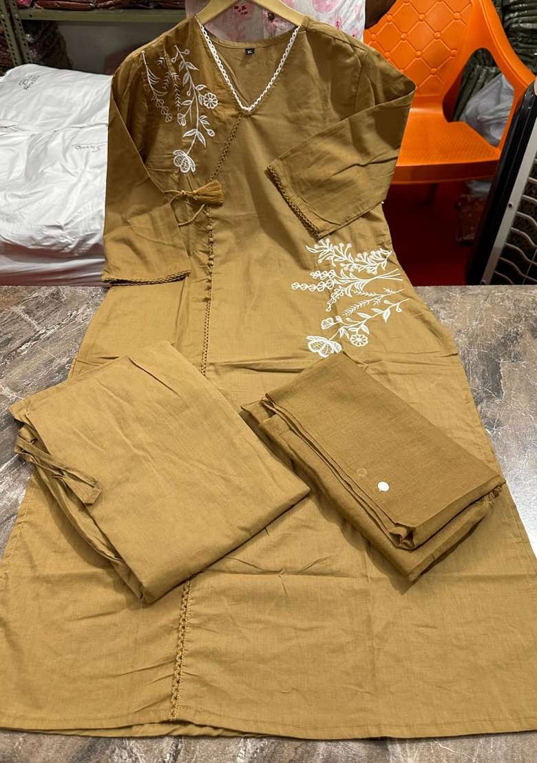 Brown Embroidered Cotton Kurta Set - Indya