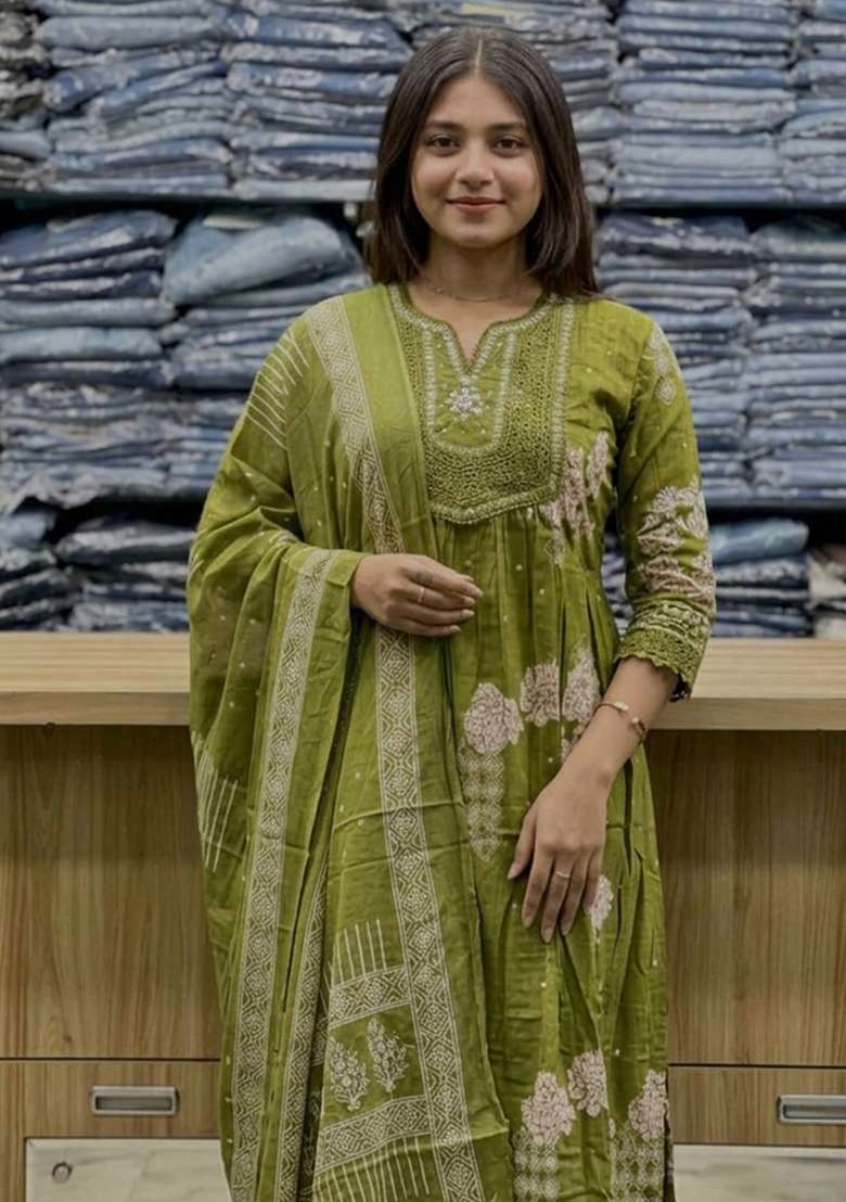 Green Printed Cotton Kurta Set - Indya