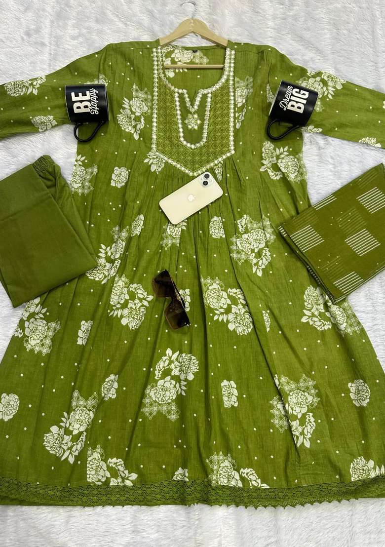 Green Printed Cotton Kurta Set - Indya