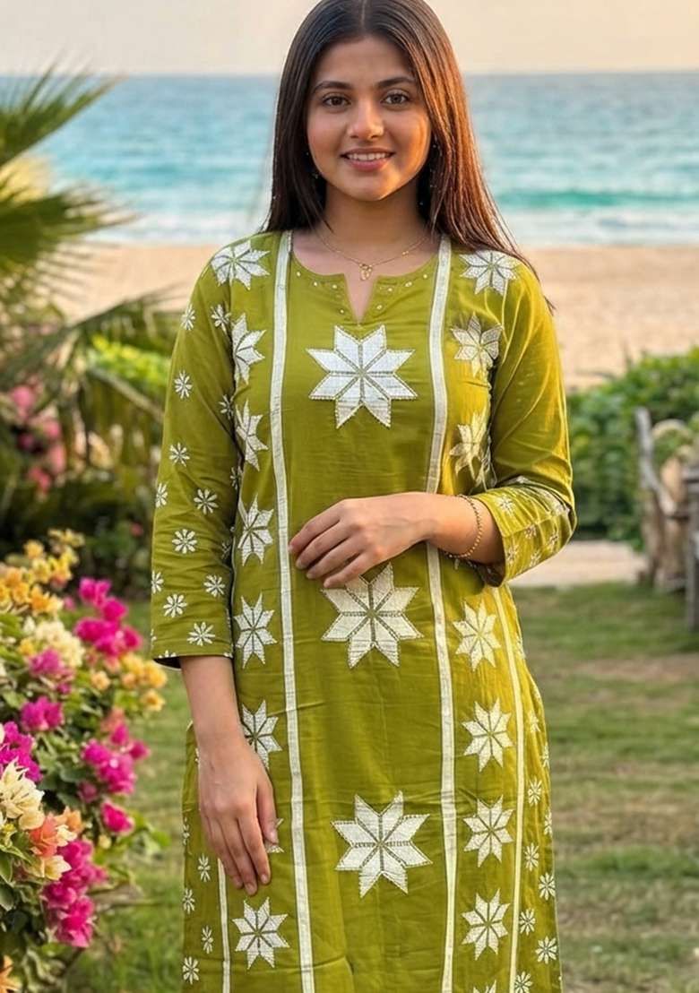 Olive Printed Cotton Kurta Set - Indya