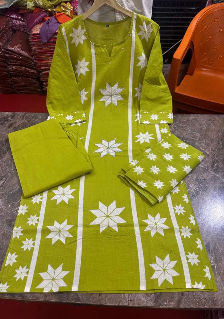 Olive Printed Cotton Kurta Set - Indya