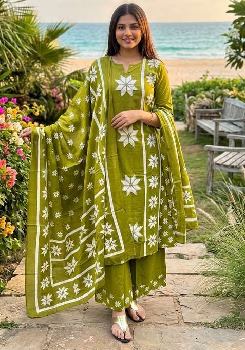 Olive Printed Cotton Kurta Set