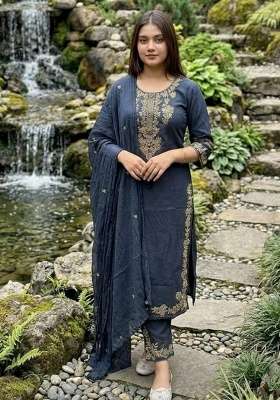 Navy Blue Embroidered Cotton Kurta Set