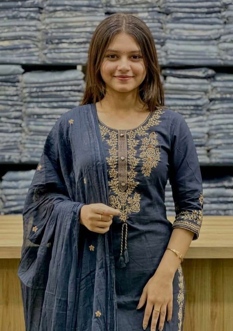 Navy Blue Embroidered Cotton Kurta Set - Indya