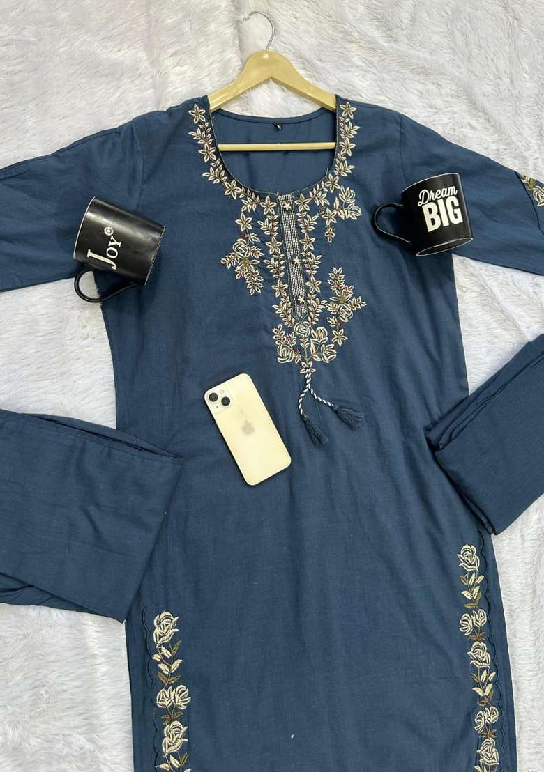 Navy Blue Embroidered Cotton Kurta Set - Indya