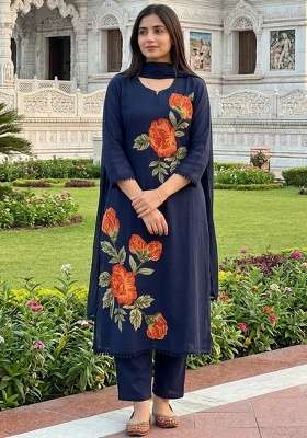 Navy Blue Printed Cotton Kurta Set