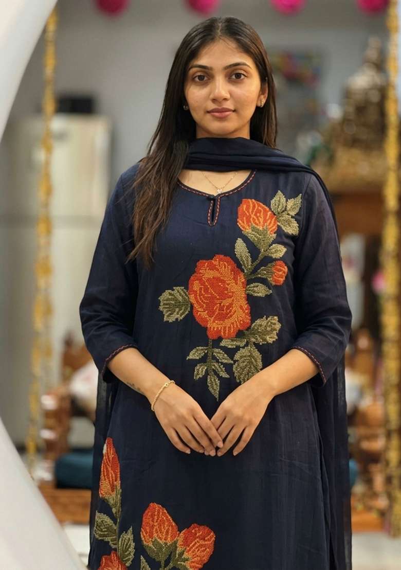 Navy Blue Printed Cotton Kurta Set - Indya