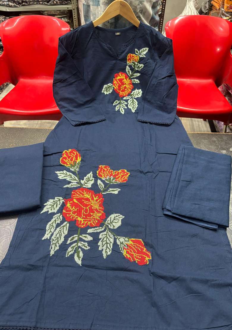 Navy Blue Printed Cotton Kurta Set - Indya