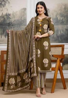 Green Printed Cotton Kurta Set