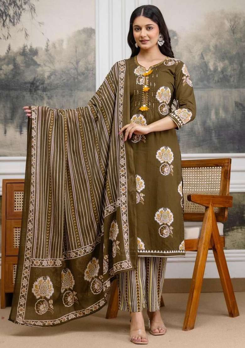 Green Printed Cotton Kurta Set - Indya