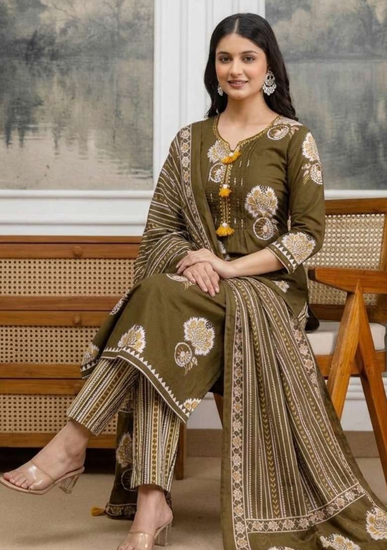 Green Printed Cotton Kurta Set - Indya